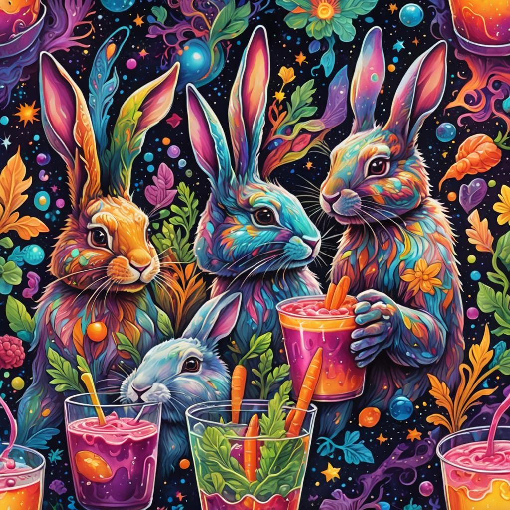 Cosmic Rabbits Enjoying Fruit Smoothie, Psychedelic Art