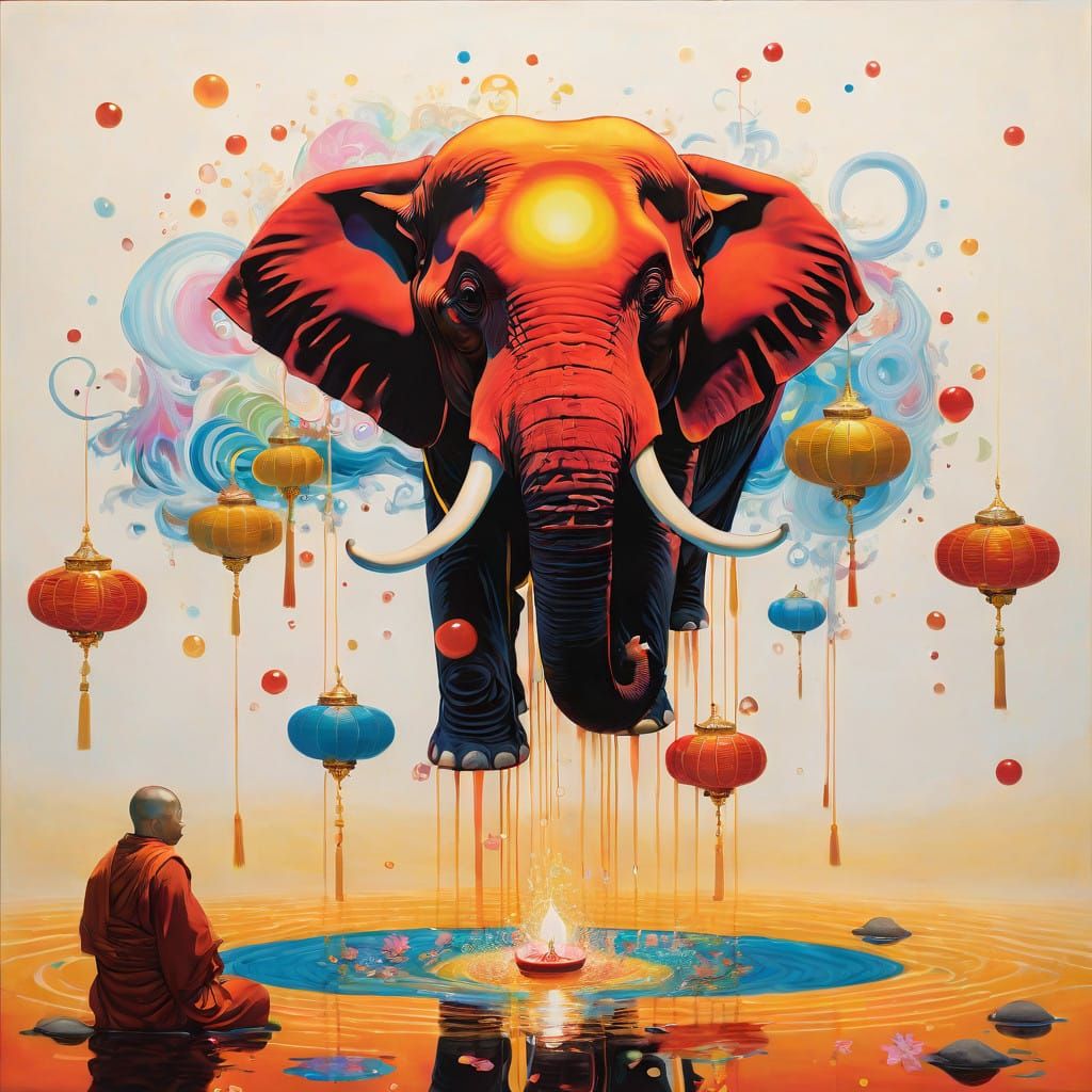 Sacred Red Elephant Ritual in a Misty Pool