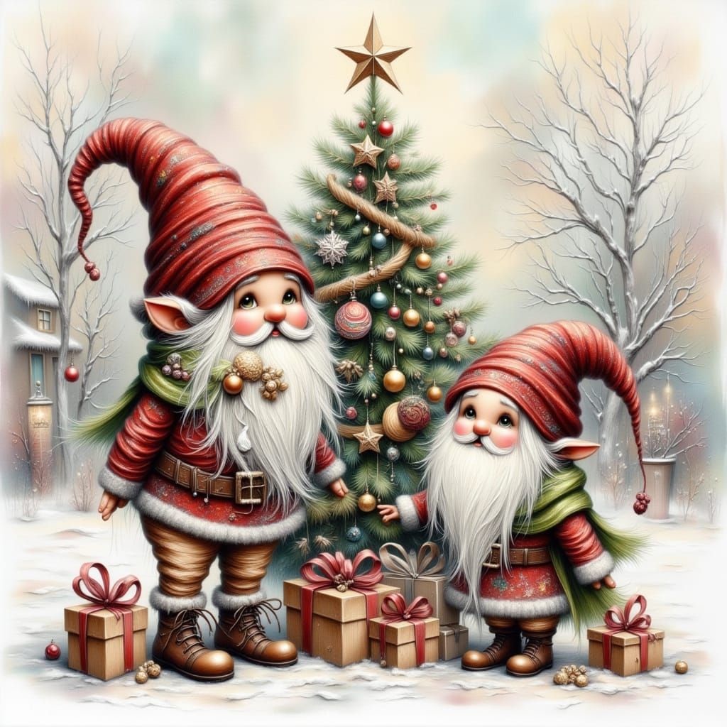 Whimsical Gnomes Decorate Christmas Tree in Watercolour