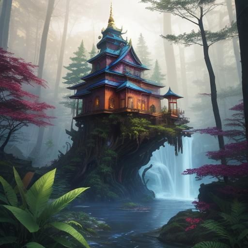Mysterious Temple in Whimsical Forest, Oil Painting