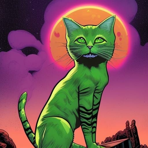 Green alien cat 
astronauts with Space X drinking cups of co...
