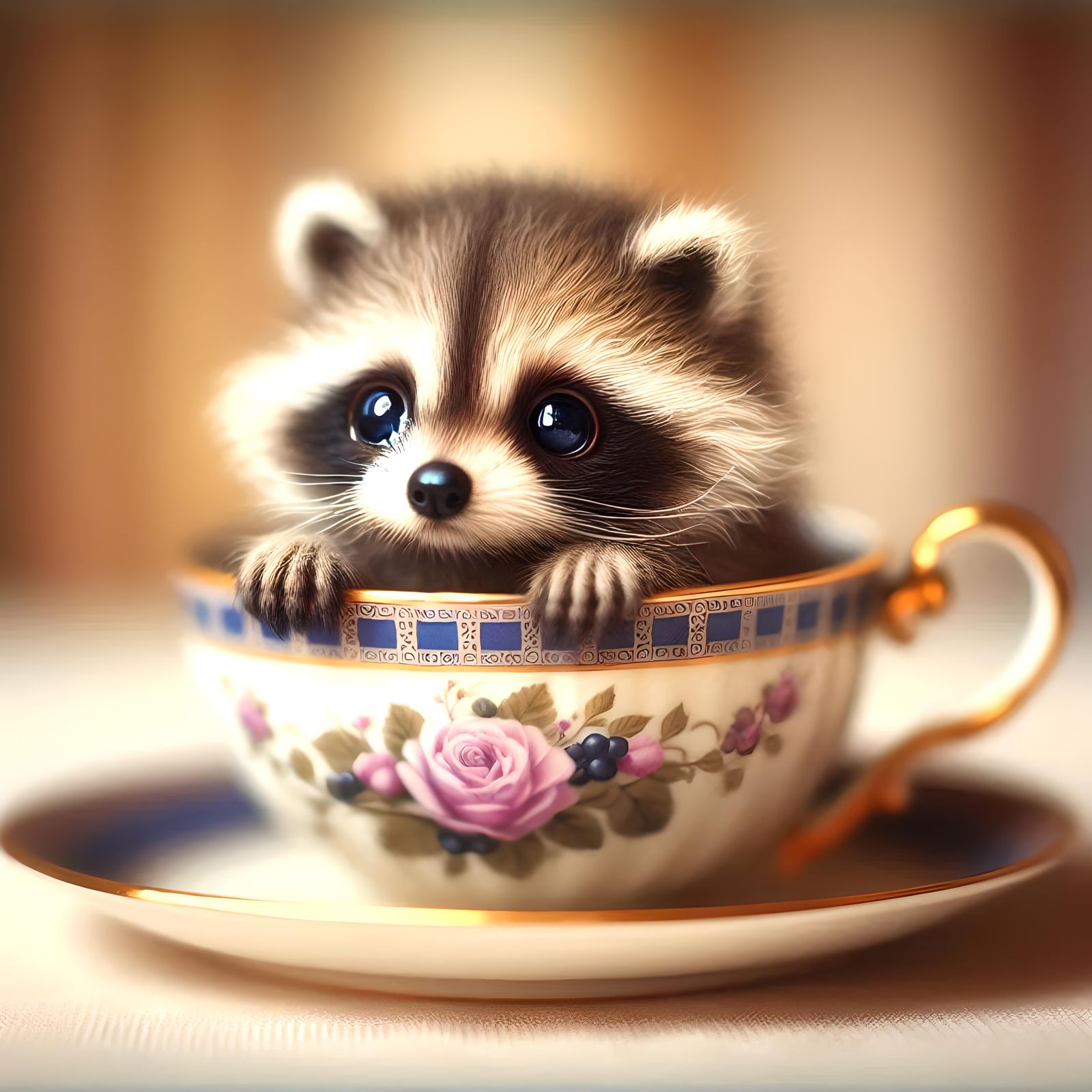 Baby raccoon in a delicate teacup