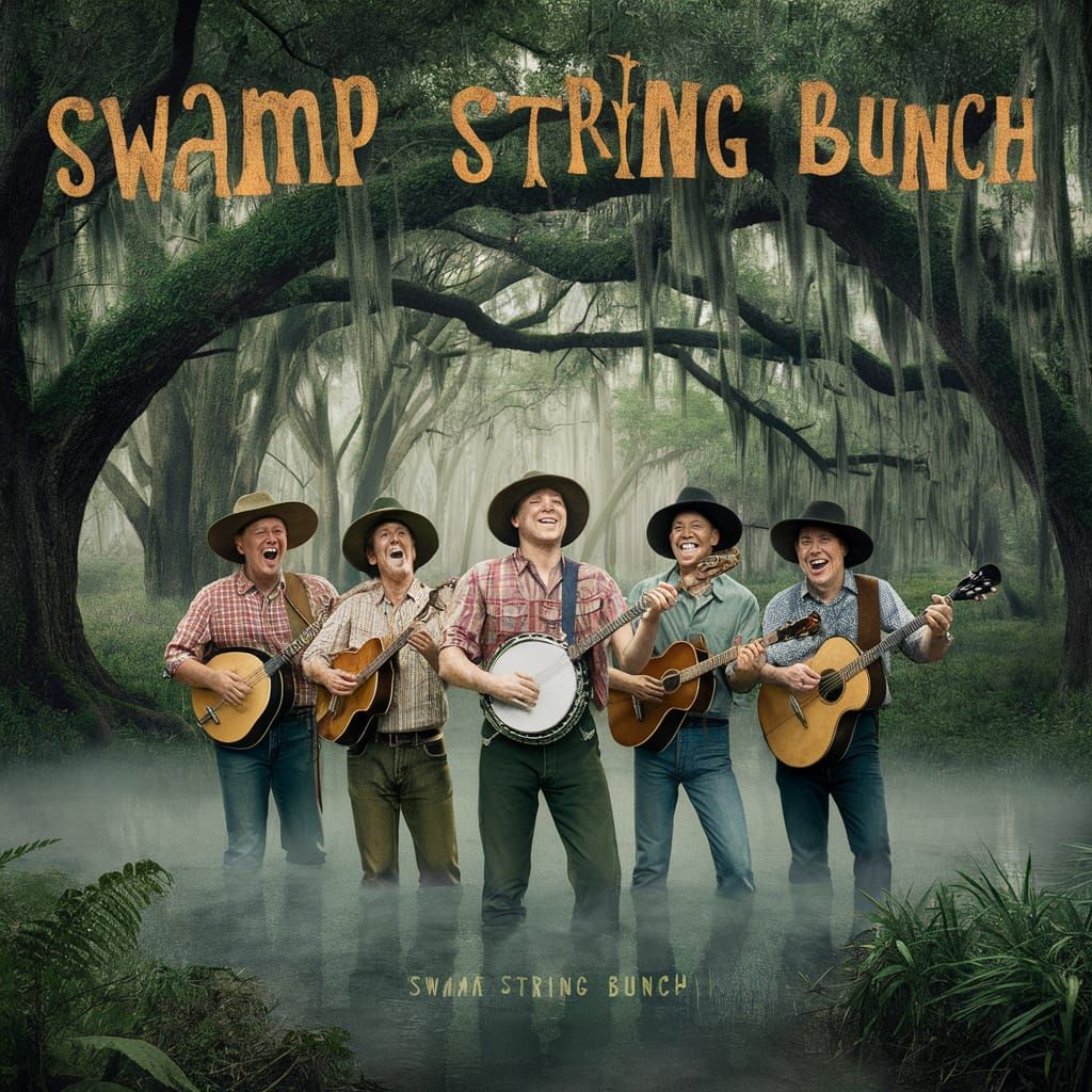 Vinyl album cover for deep south swamp bluegrass band, title that reads "Swamp String Bunch", oak trees, ...  by @Krafty595 