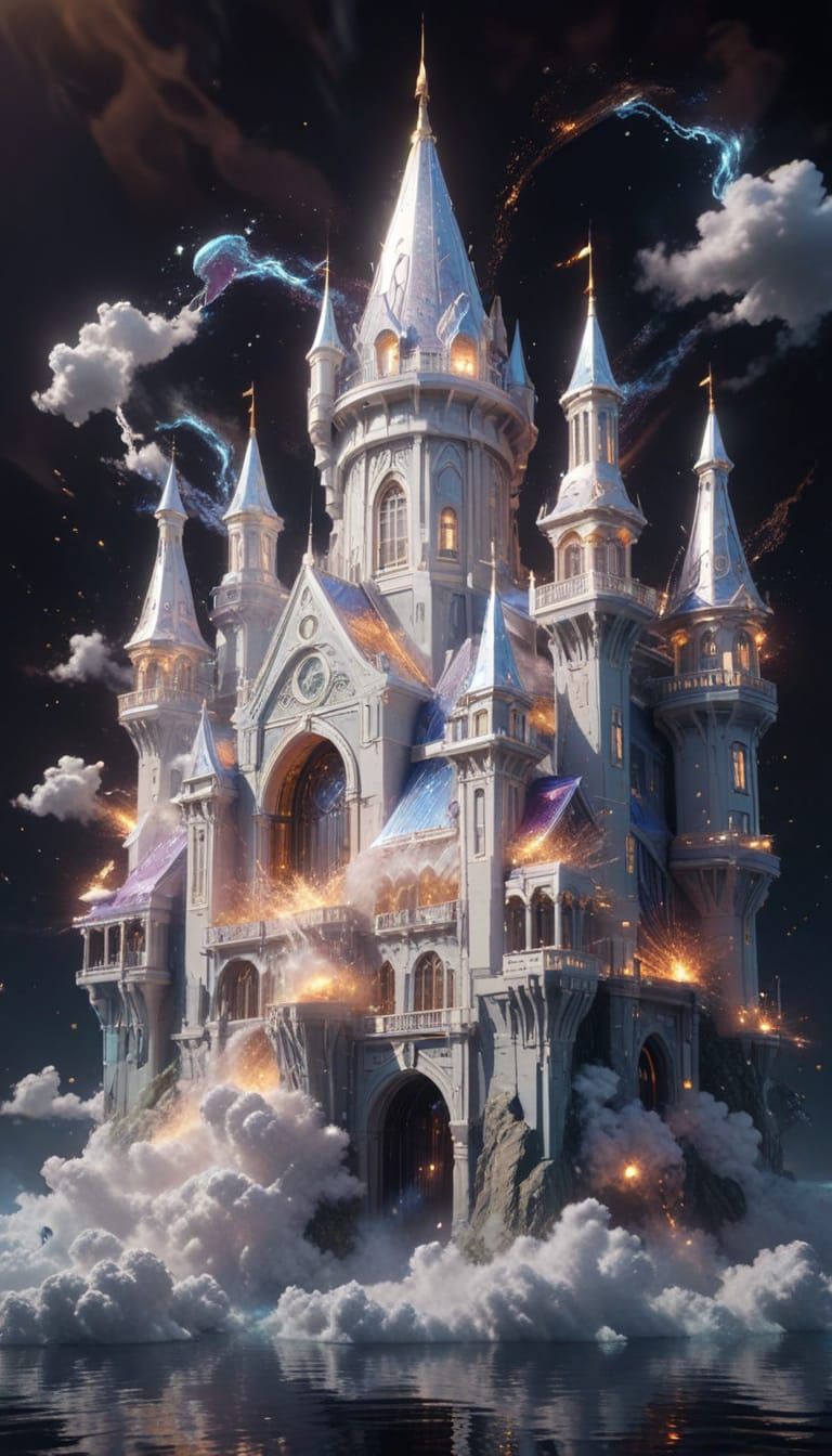  Cinematic concept art. Wide-angle shot. A majestic, glowing entity surrounded by swirling clouds of iridescent gas and energy. Low-angle sh...