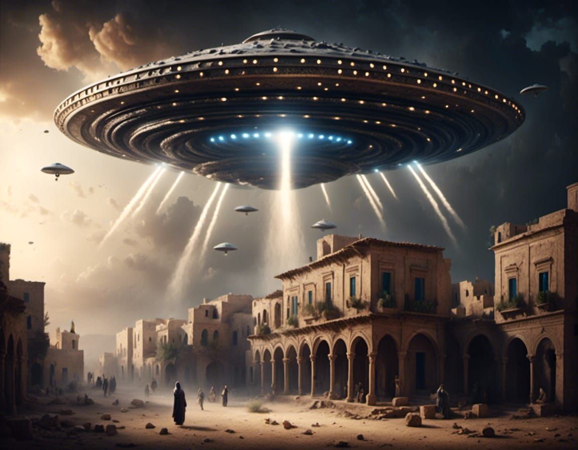 a ufo landing on a building, <lora:Sharp Ancient People:1.0> sharp focus, masterpiece, 