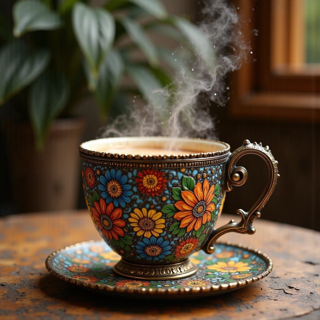  <lora:Tiffany and Co:1.0> 
steaming cup of coffee
