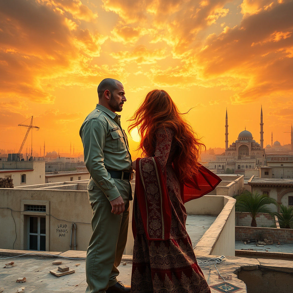 A man and woman arguing on top of a flat roofed house, in a ...