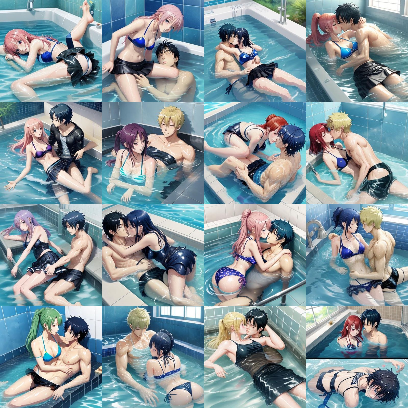 A Cute anime girl wearing a wet bikini and a wet skirt while she lie on a boy and kisses him in bath