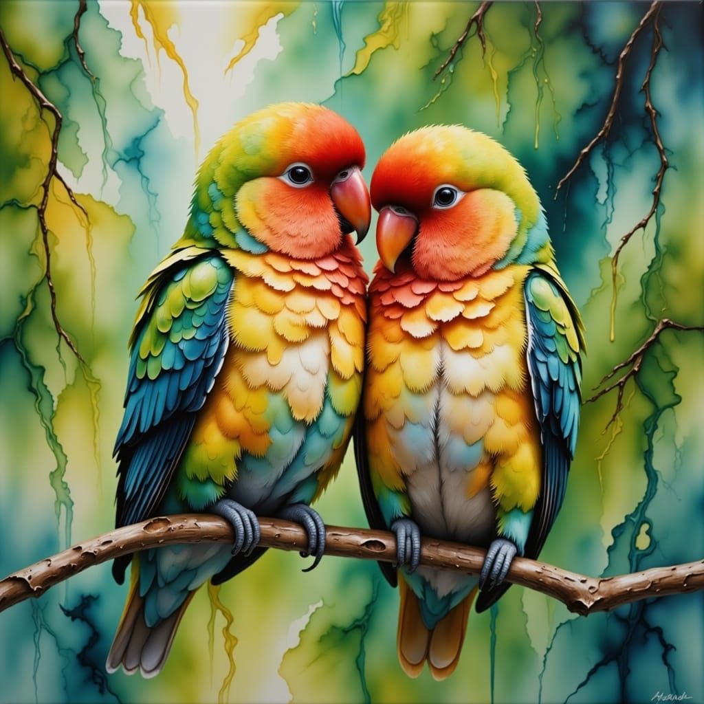 Adorable lovebirds  <lora:Alcohol Inks:1.3> 
