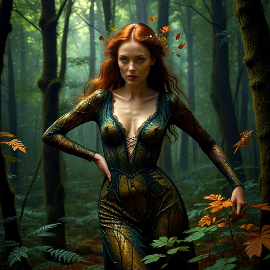 Mystical Woman in a Surreal Forest: Hyperrealistic Photograp...