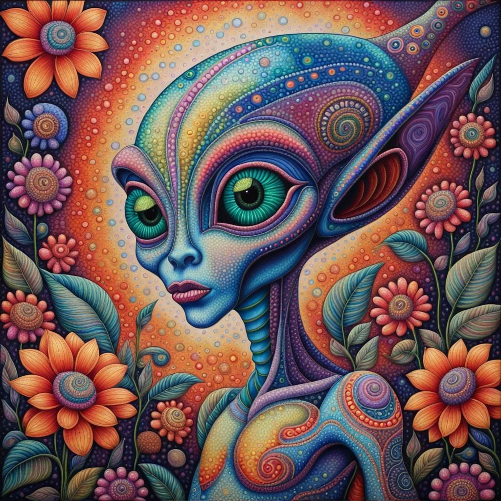 An iridescent extremely colorful, whimsical alien with point...
