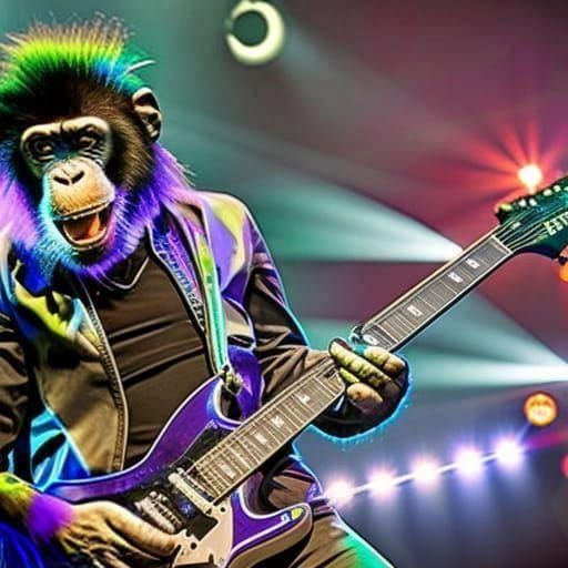 A Chimpanzee playing an electric guitar , rock concert, blue and purple