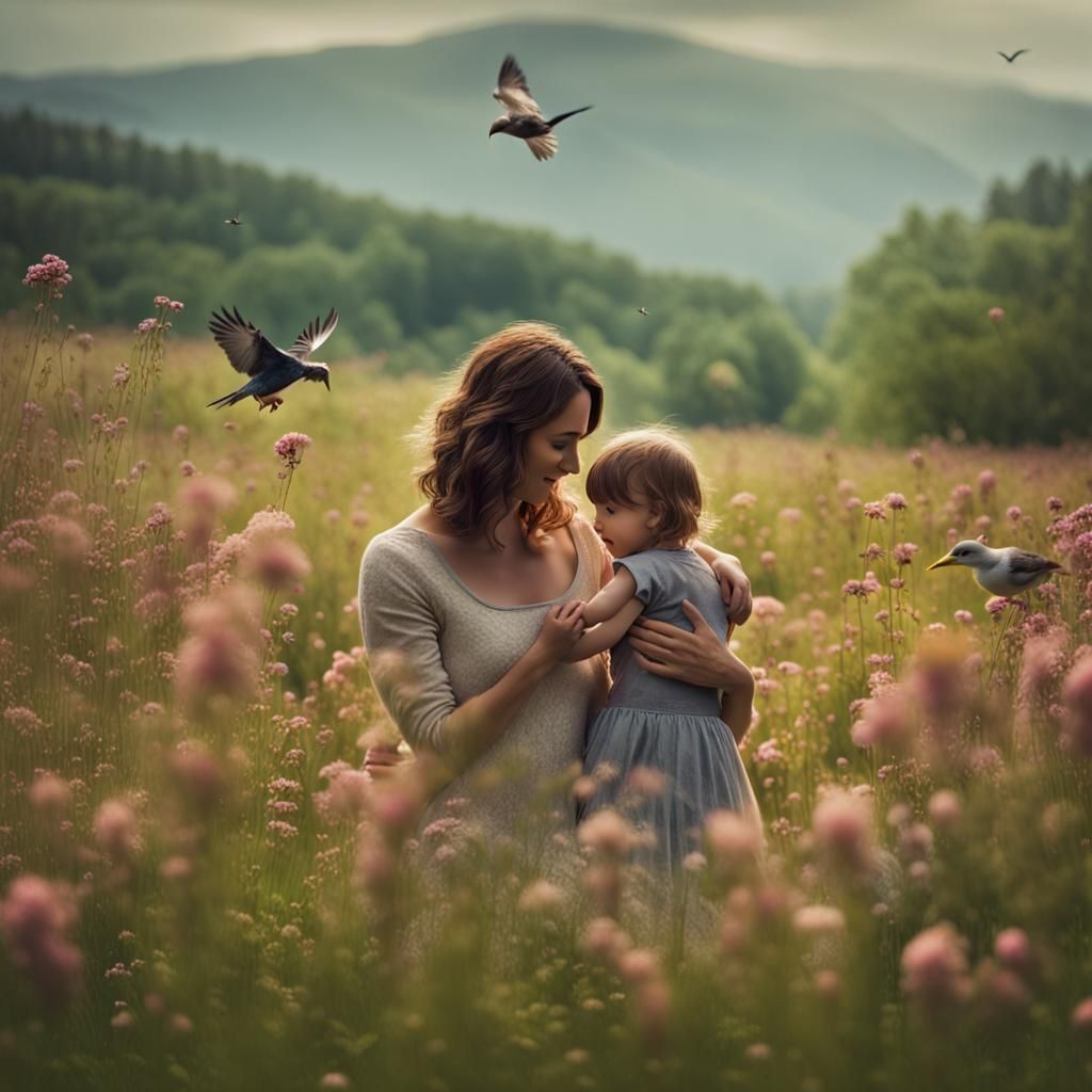 A mother and child in a meadowfield of flowers playing toget...