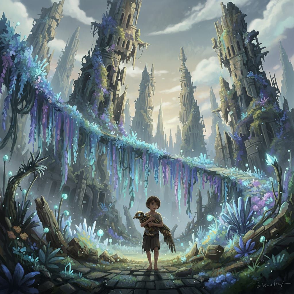 Bioluminescent Ruins: Child and Mechanical Bird