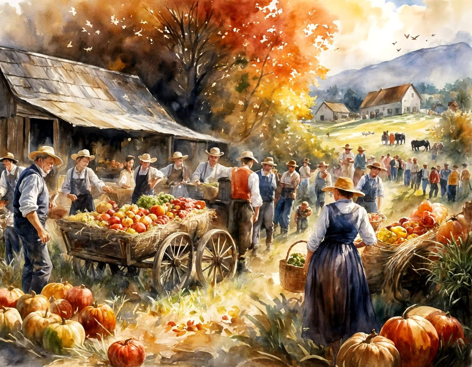 A watercolour painting close up vignette of an outdoor gathering of a farming community celebrating ...  by @Leeftail_Art