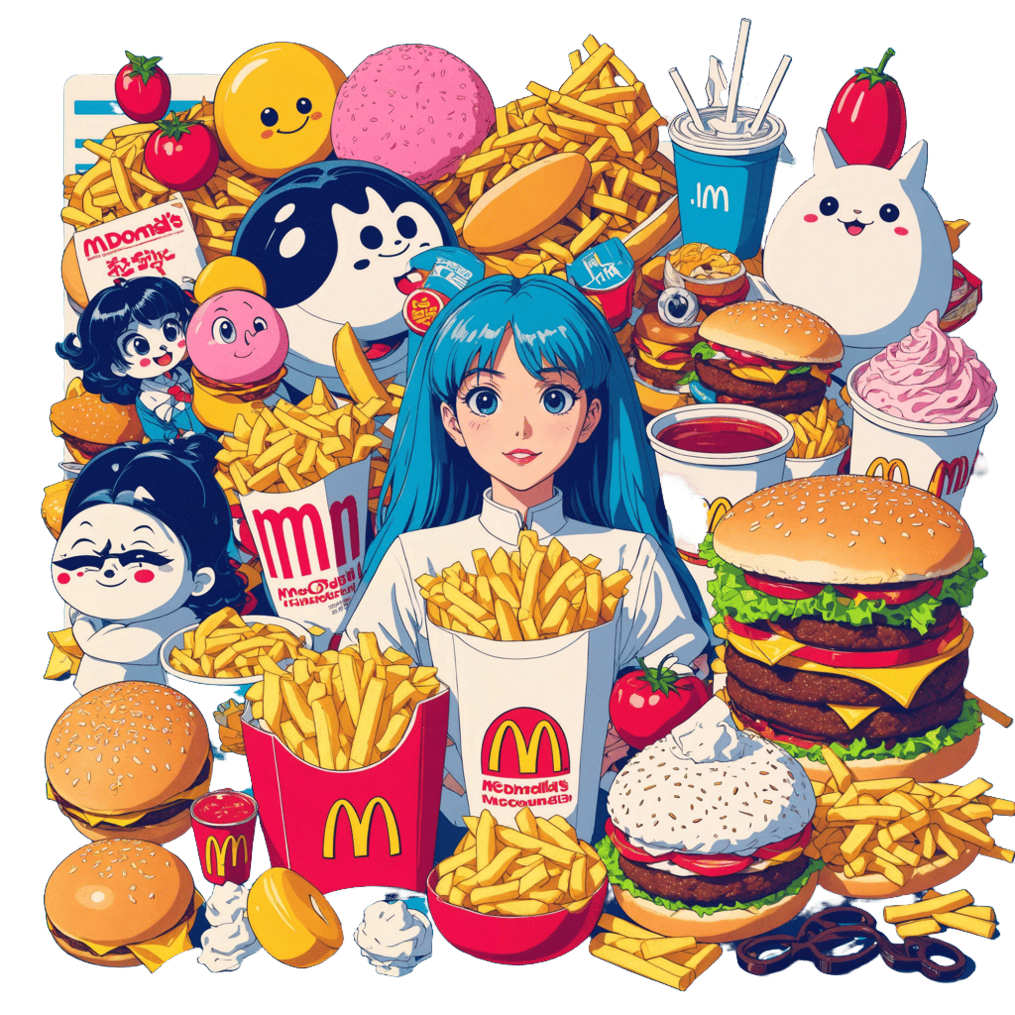 80's retro, vintage,  McDonalds food, hi res image, flat image, vintage colours, by artist "anime", Anime Key Visual, Japanese Manga, Pixiv,...