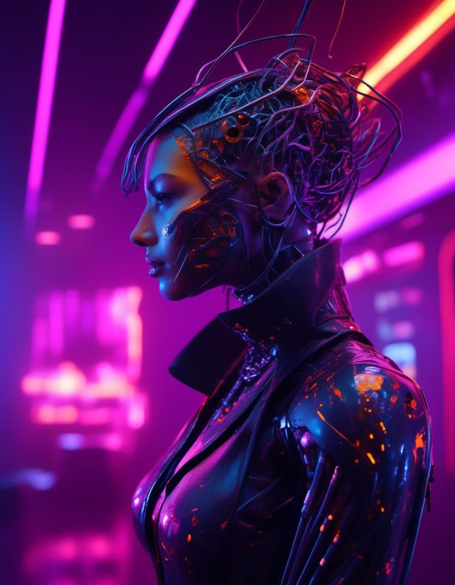 Humid techno-dystopia, rust and steel. wires and cables visible
Techno-organic cyborg with disfiguring cybernetics.
Dark and dim and moody l...