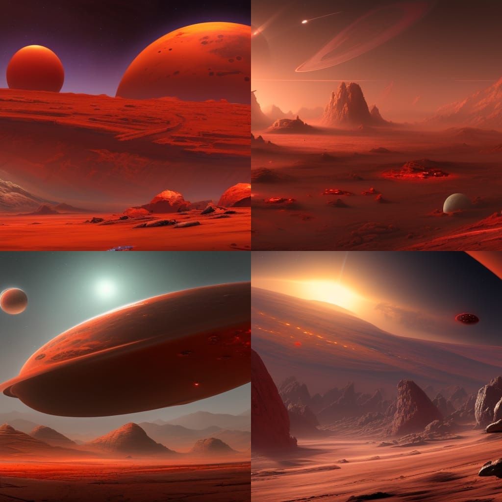 The red planet of Mars with spaceships