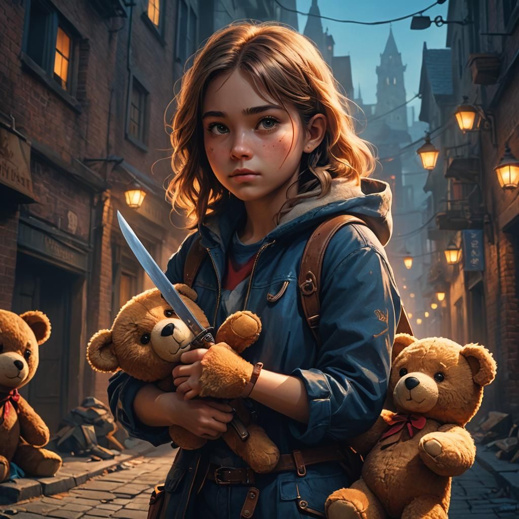 A girl holding teddy bear  in right hand and suspiciously sh...