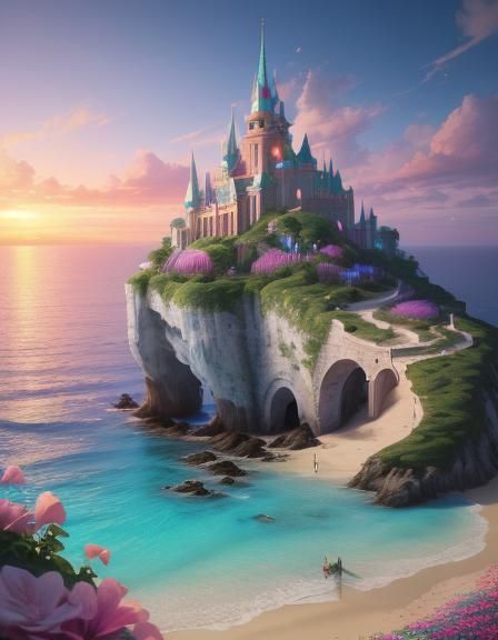 Imagine stepping onto a whimsical fairytale beach: ancient b...