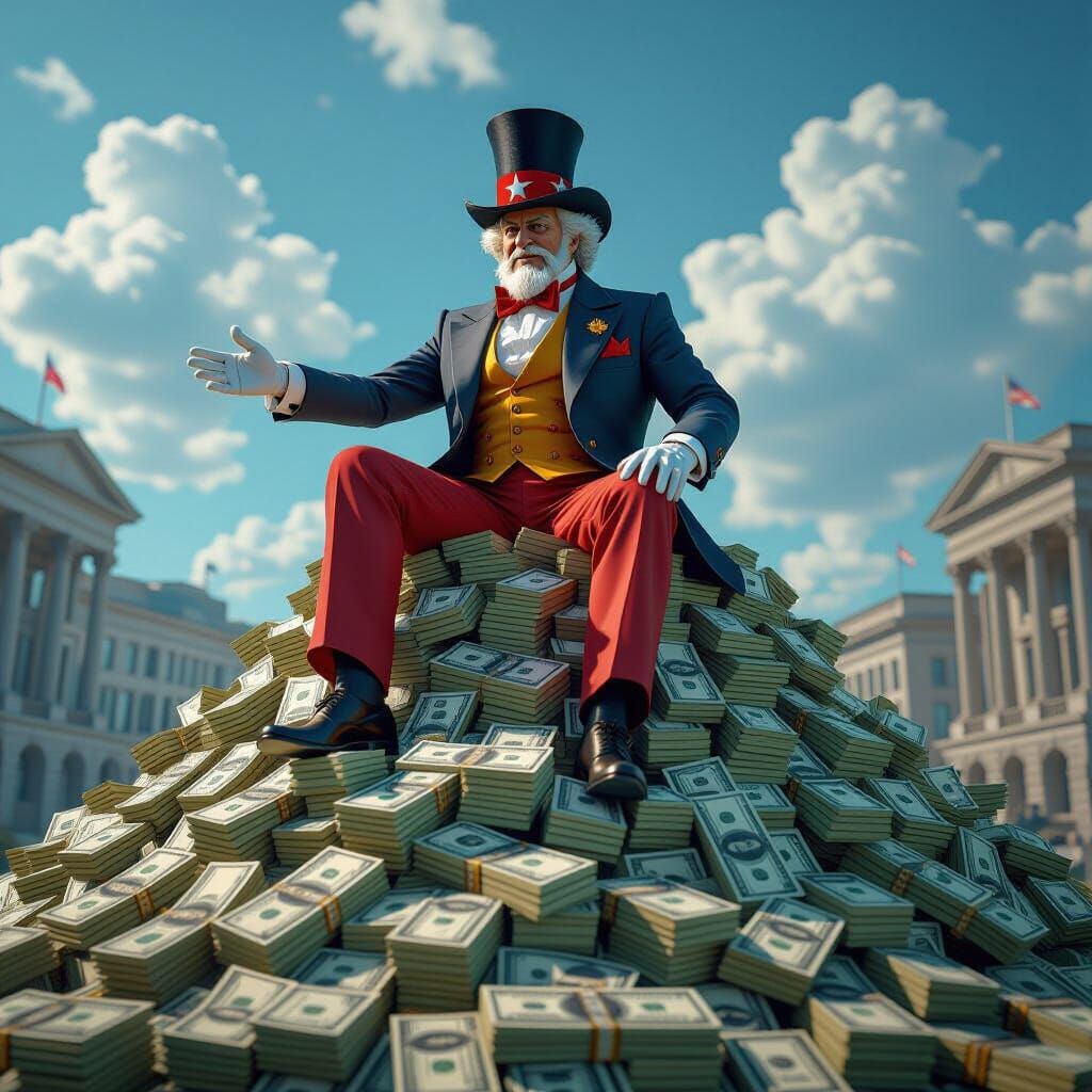 Uncle Sam sitting on a huge pile of cash