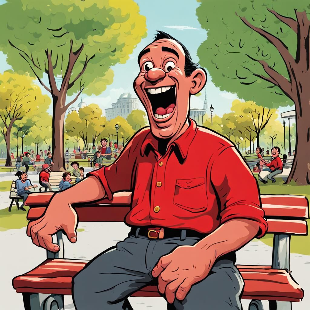 A lively caricature of Ruddy Sanguino, a character with exaggerated features, laughing heartily in a park. He is wearing...