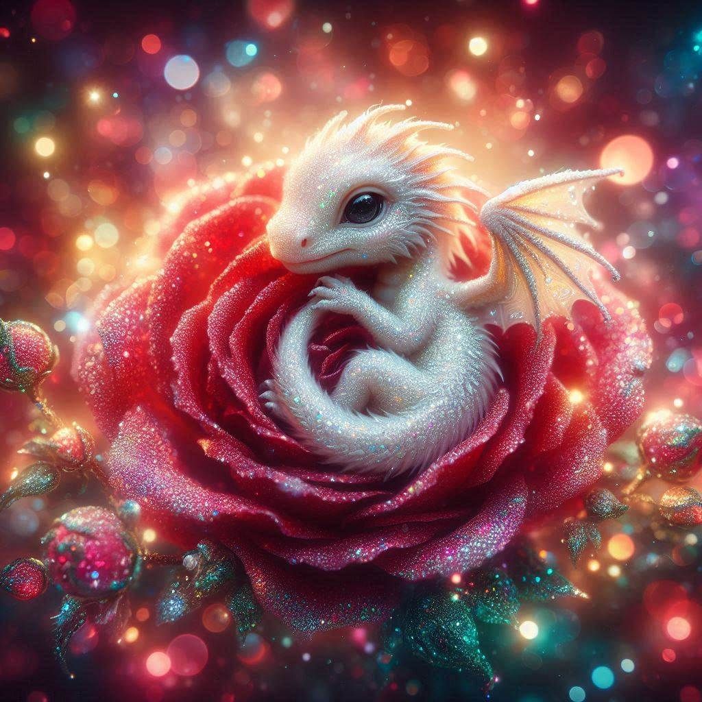 Cute baby Dragon curled up in a Glittery Red Rose
