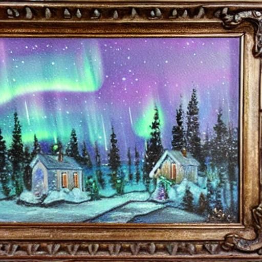 Northern lights, house with cheminy by a like, pastel wet on...
