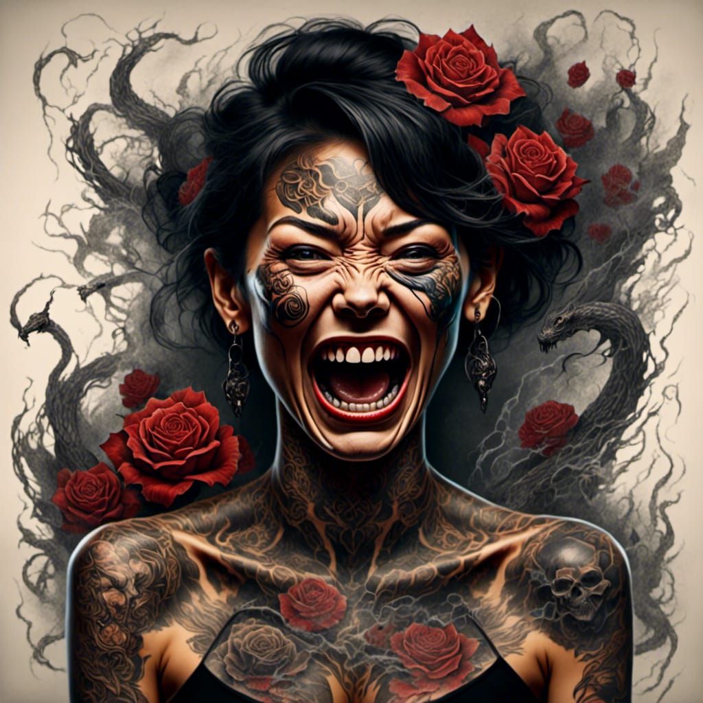 Portrait of a screaming female demon with tattoos peeling from their body, vivid tattoo starts to peel and twist, shedding its two-dimension...