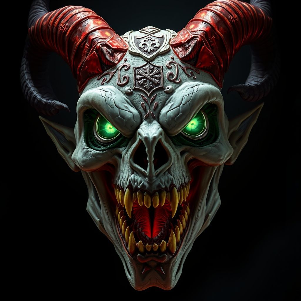 A close-up portrait of a menacing demonic creature's head