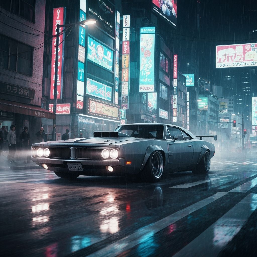 A bustling, rain-slicked Tokyo street at night, filled with neon signs and holographic advertisements. ...  by @MOLPNHJJJ