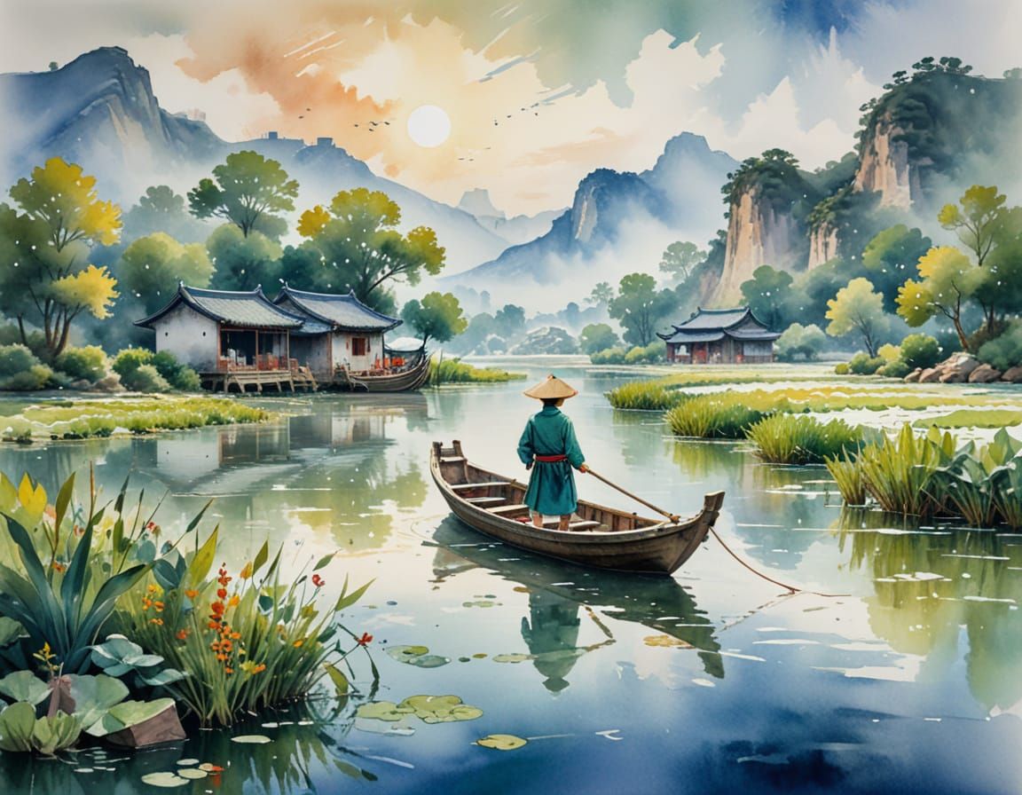 Chinese Boat on River, Delicate Watercolor Painting