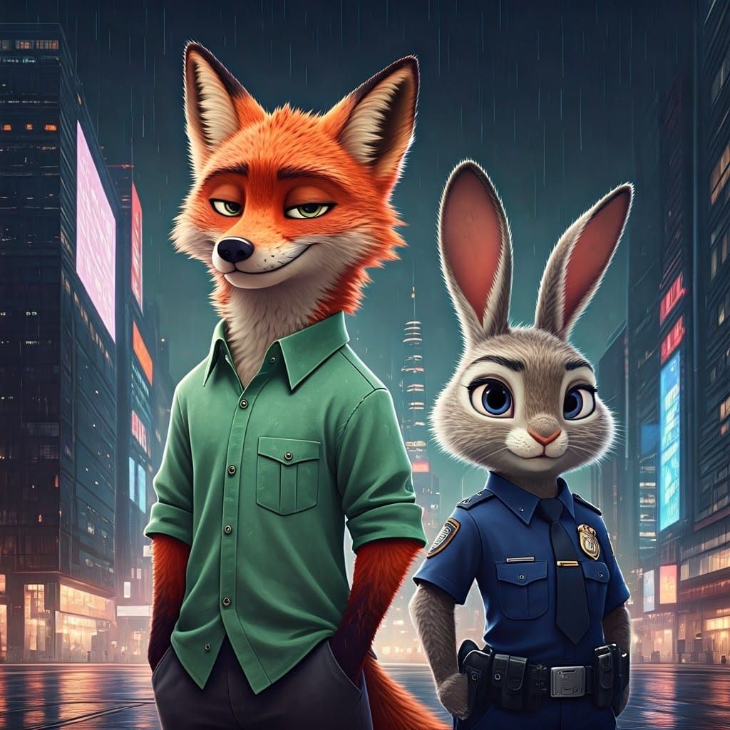 Confident Fox and Rabbit Pair Stand Together in Futuristic C...
