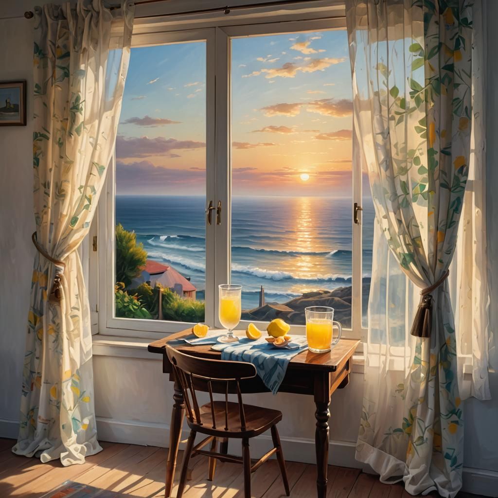 Seaside Sunrise: Lemonade on a Table by the Window