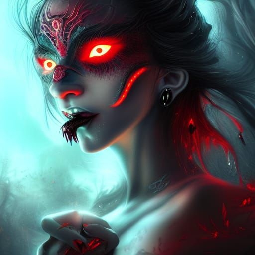 A succubus with glowing red eyes, piercings on her nose and ...