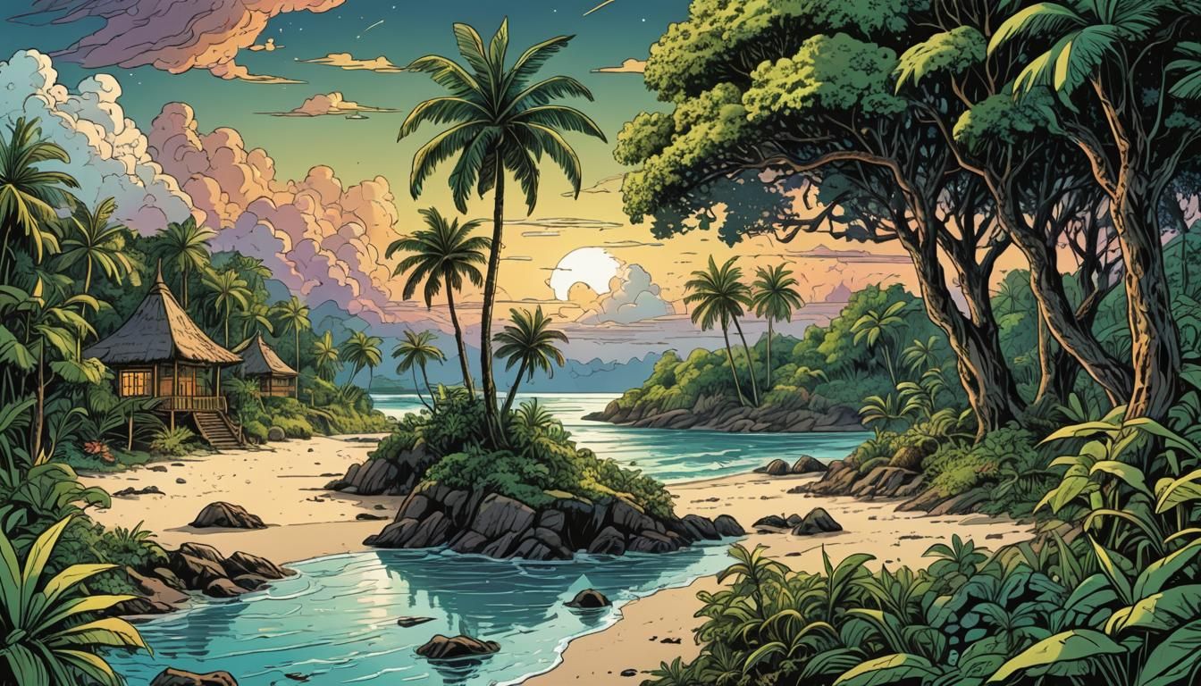 tropical beach, intricate clouds  by @Base the Bass