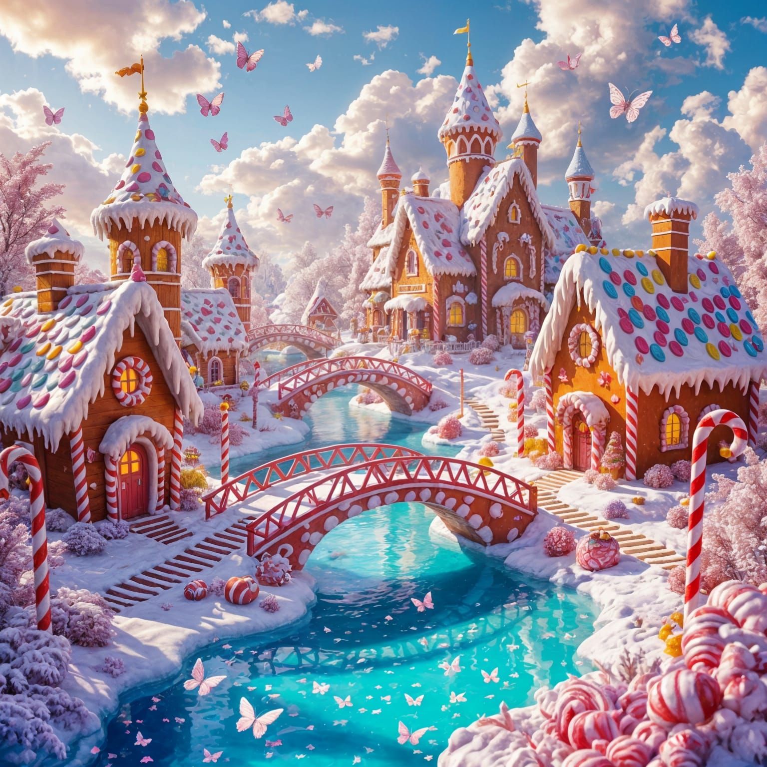 A magical candy kingdom, with licorice bridges crossing glowing soda lakes, gingerbread houses with icing ...  by @Zacharo