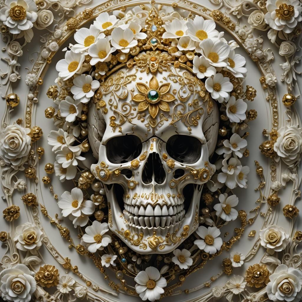 A hyperrealistic photograph of a human skull adorned with in...