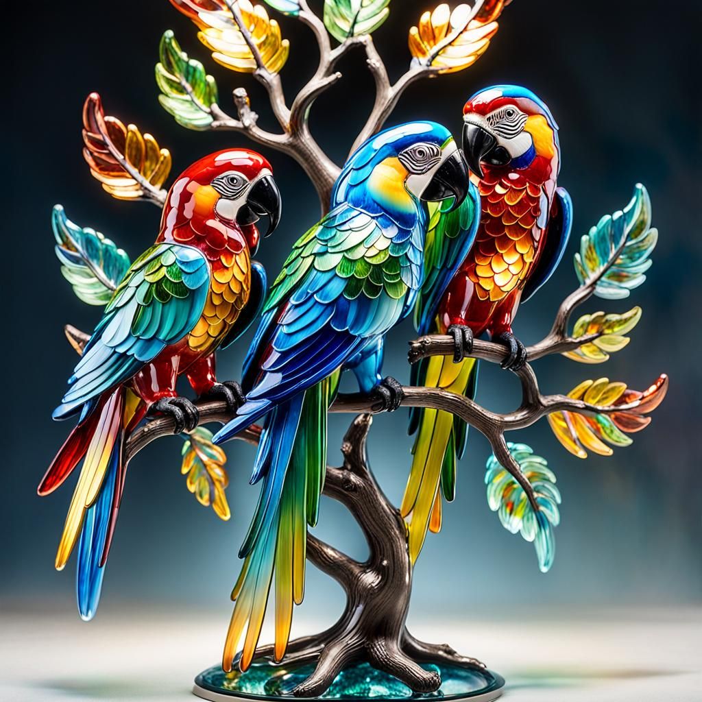 A  colorful Macaw figurines crafted from glass, each with unique enameled patterns that catch the light. ...  by @Siri