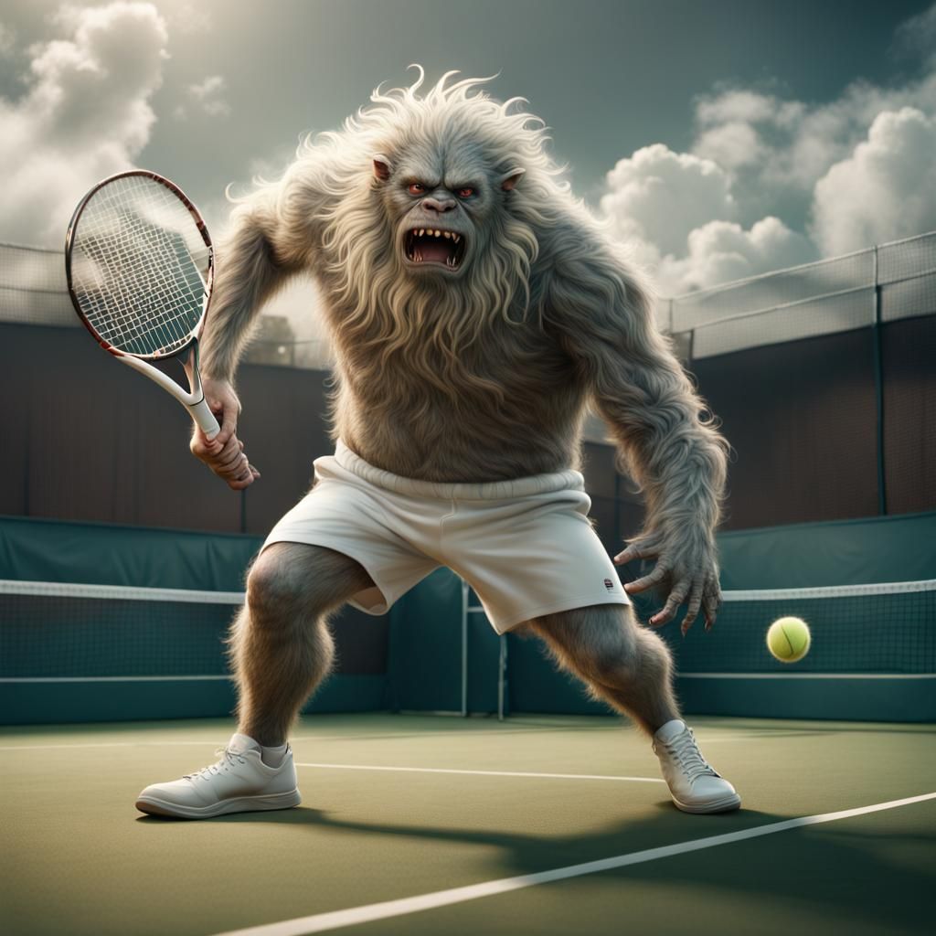 A hairy monster playing tennis.  by @Simon C