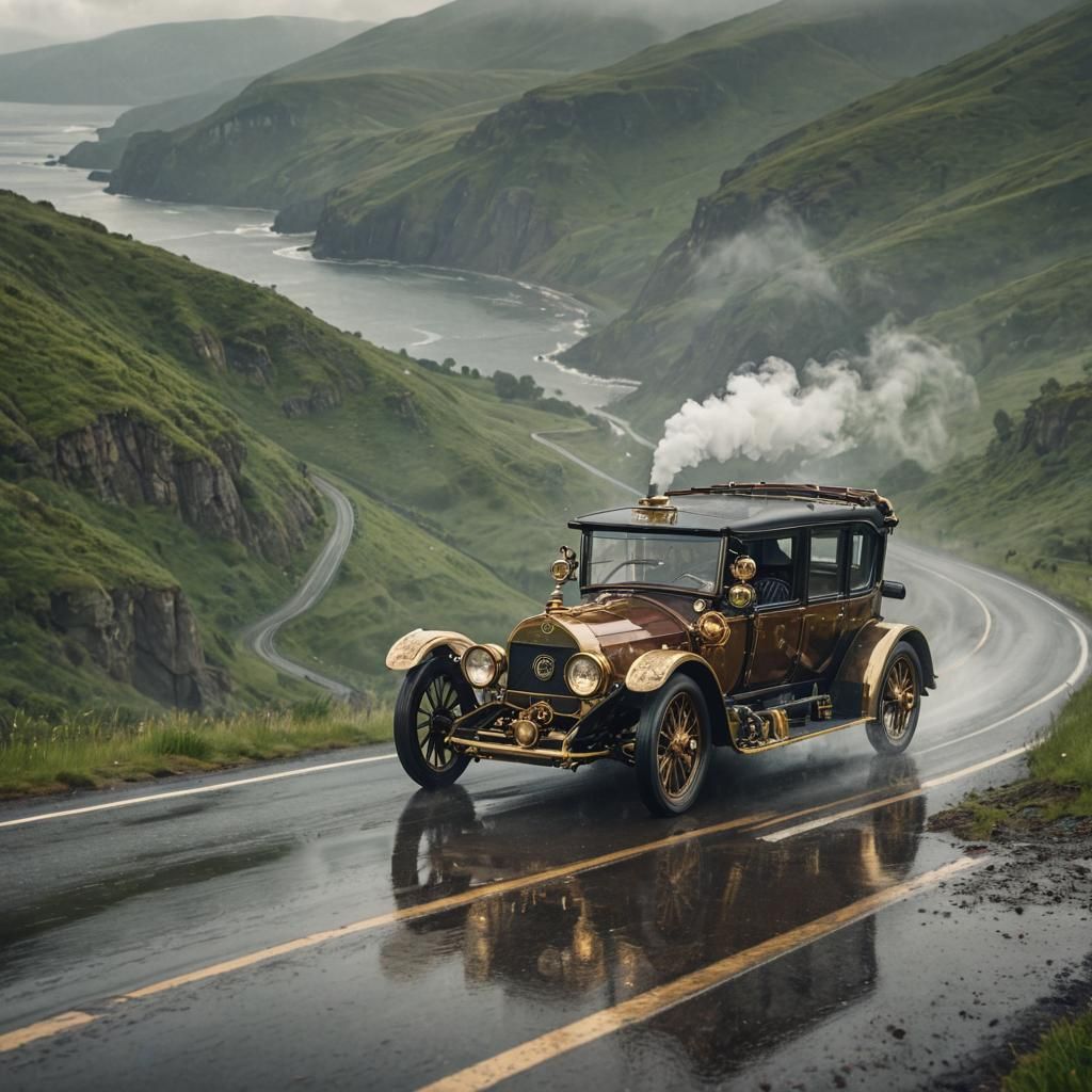 Steampunk Car Speeds Through Rainy Landscape