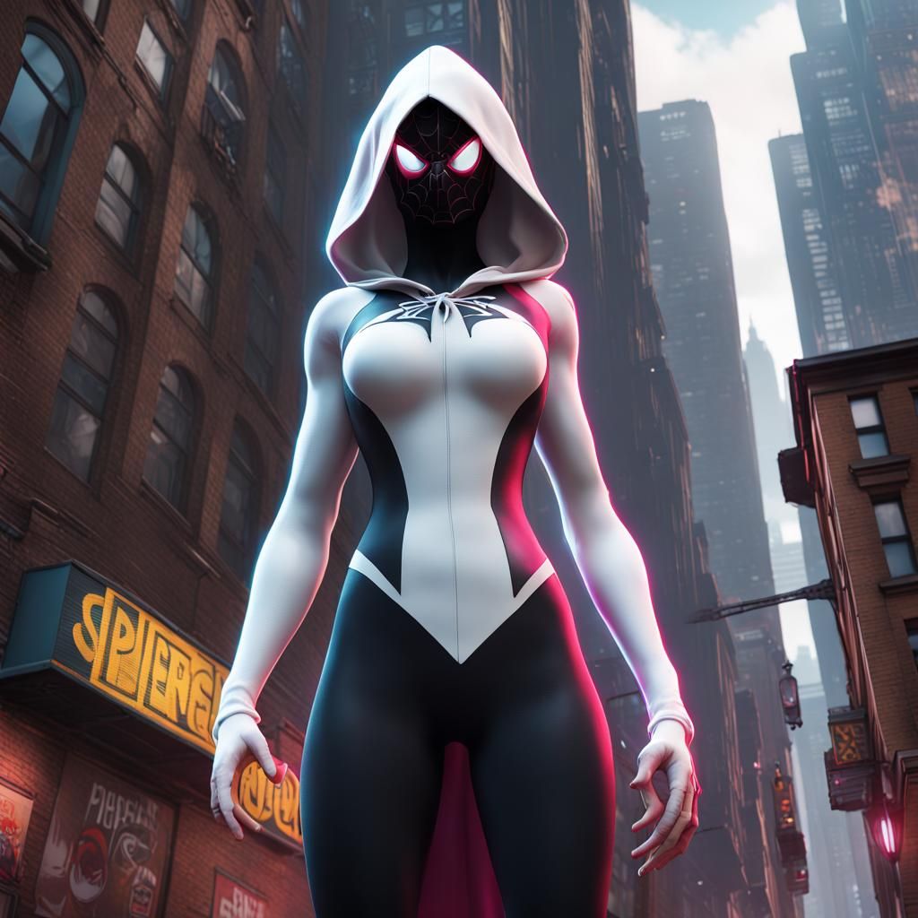 Spider-Gwen, with hood and mask, depicted as a colossal gian...