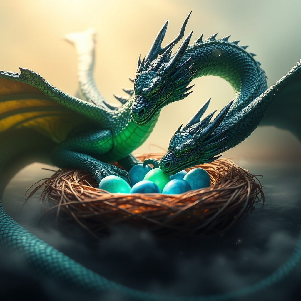 Big sleek green  and dark blue mama and papa dragon with gre...