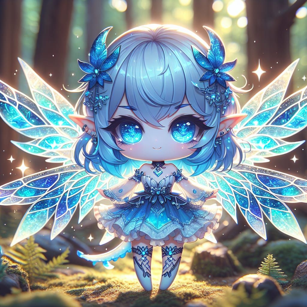 Chibi Demon Girl with Azure Wings in Anime Style