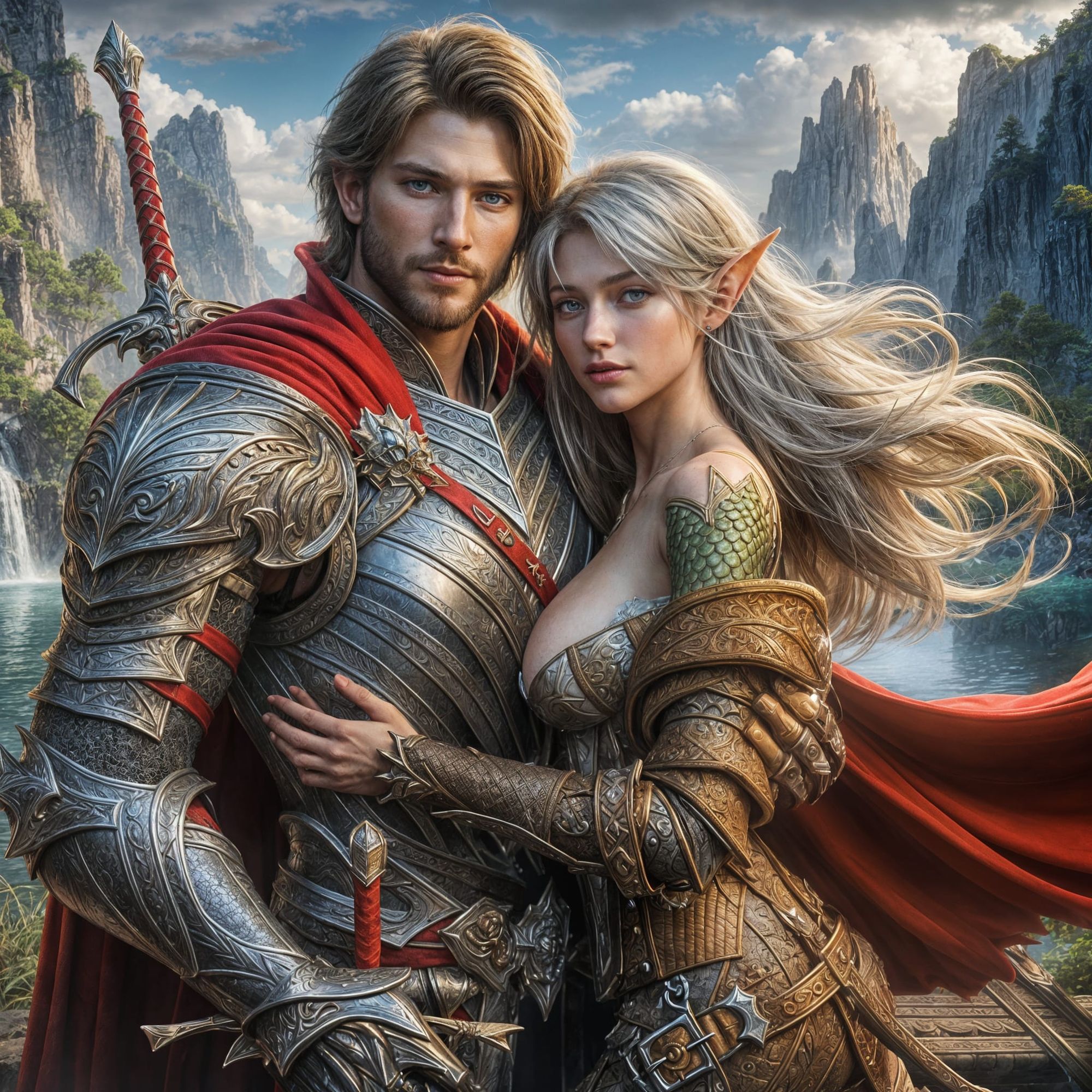 A handsome human prince hugs passionately a very beautiful elf female hunter, the prince is blond with mid long blond hair blue eyes and sho...