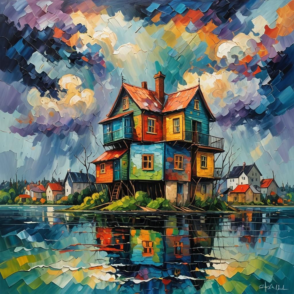 Upside Down House Floats in Stormy Sky as Impasto Painting
