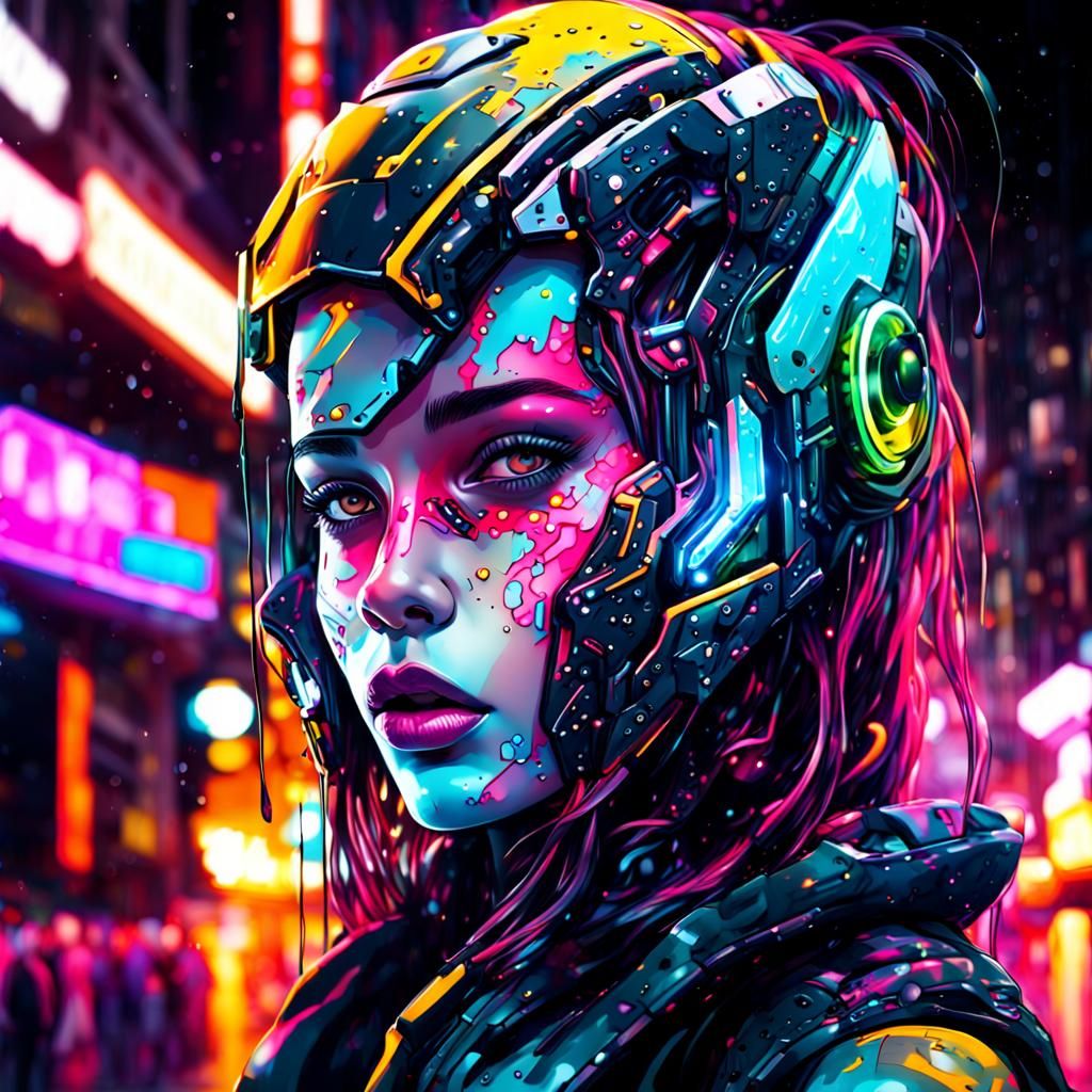 Portrait of a cyborg girl wearing futuristic face armor in a...