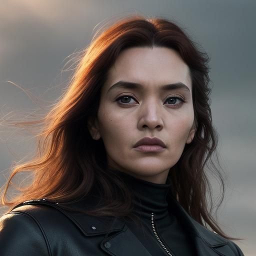 A 23-year-old Asian-Indian woman, long, flowing black hair accented by vibrant purple highlights. Realistic. olive-toned complexion. express...