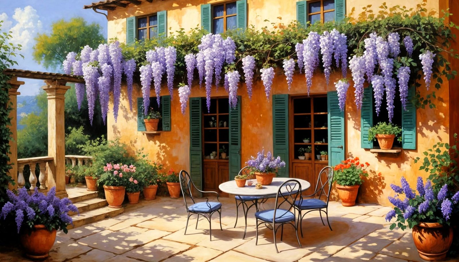 Coarse Brushed Impressionism Spanish patio, wisteria, geraniums, Guido Borelli, charming.  by @Hugo Raul