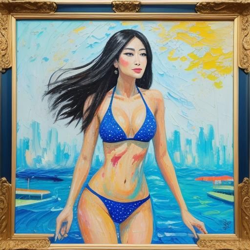 Bikini Contest on Luxury Cruise Deck as Impasto Painting